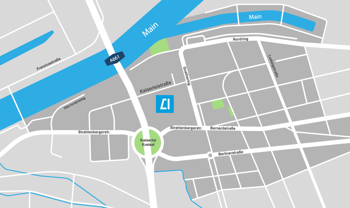 Karte vom Standort M20 Offenbach in der Nähe vom Kaiserlei Kreisel